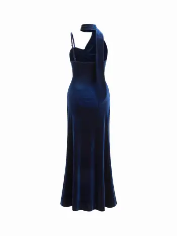 Velvet Halter Ruched Maxi Dress